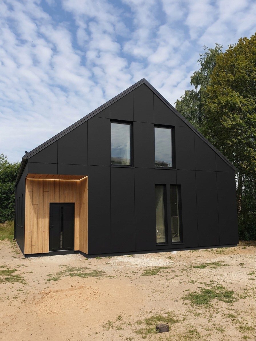 Nowoczesny dom po remoncie — elewacja z ciemnych paneli HPL i drewnopodobnej wnęki wejściowej