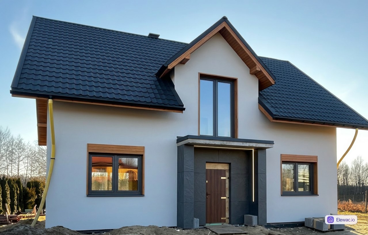 Dom jednorodzinny po remoncie — nowoczesna elewacja z tynku silikonowego i drewna