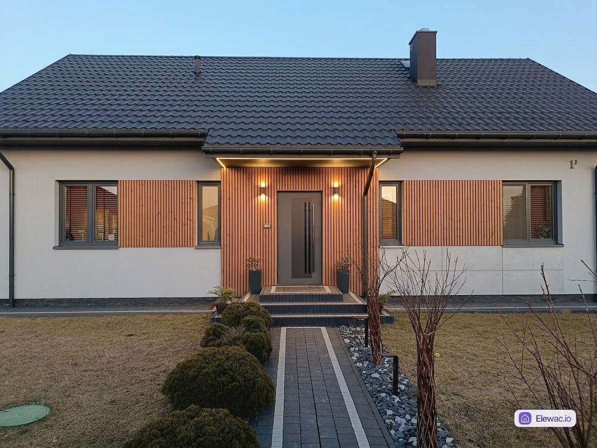 Dom po remoncie — nowoczesna elewacja z lamelami z modrzewia termo i szarymi panelami włóknocementowymi