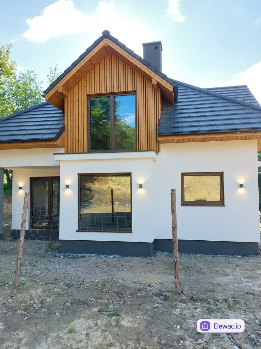 Dom jednorodzinny po remoncie elewacji — nowoczesny tynk silikonowy RAL 9016 i pionowy modrzew termo