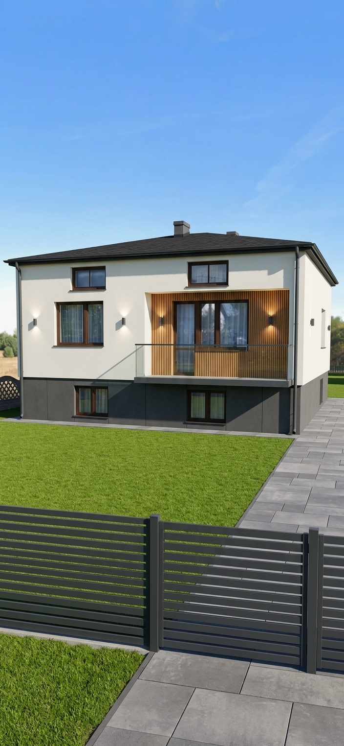 Wizualizacja AI: dom jednorodzinny kostka z nowoczesna elewacja — bialy tynk, antracytowy cokol i drewno.