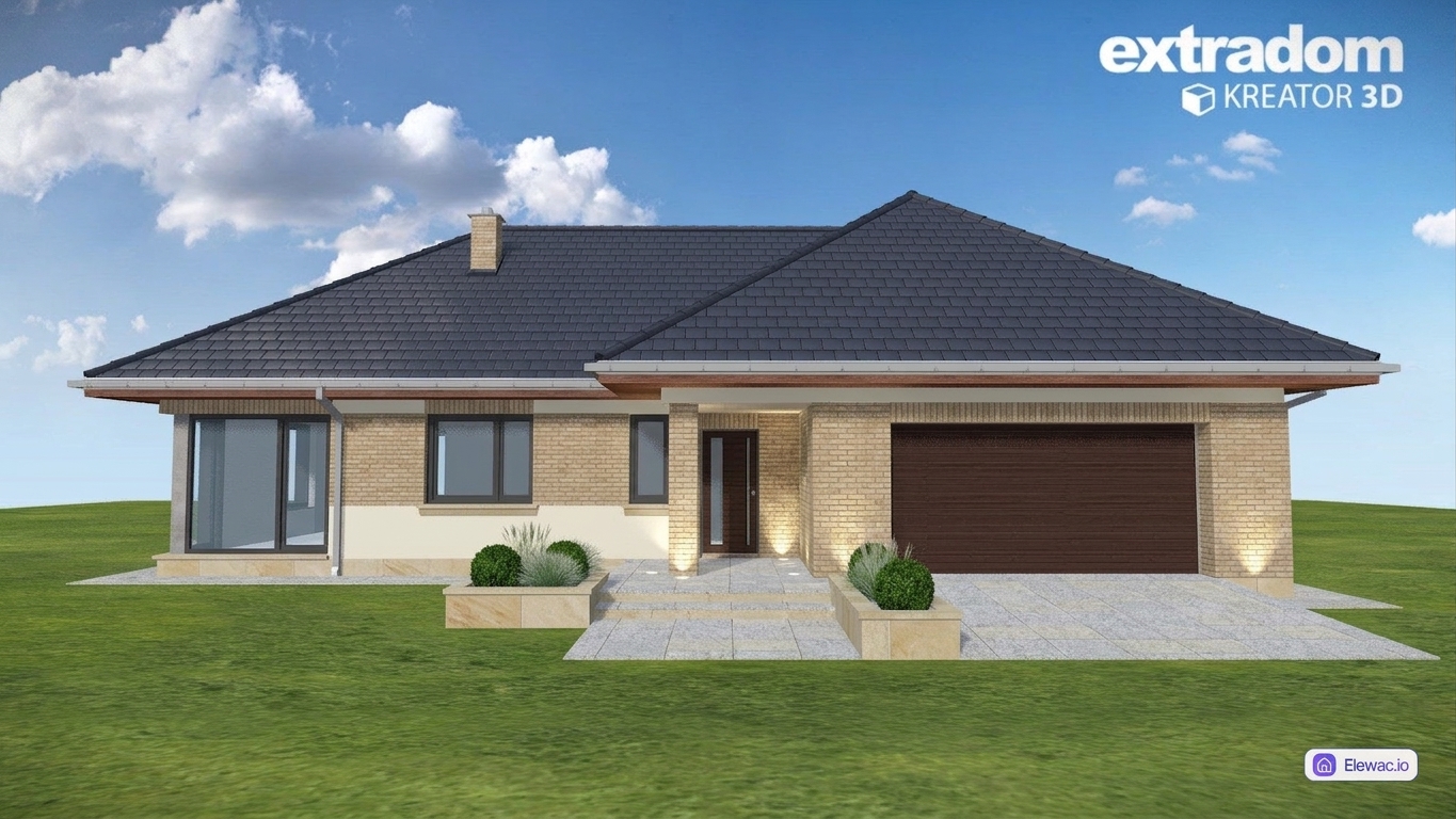 Wizualizacja AI: dom jednorodzinny w stylu angielskim z jasna cegla klinkierowa i kremowym tynkiem silikonowym.