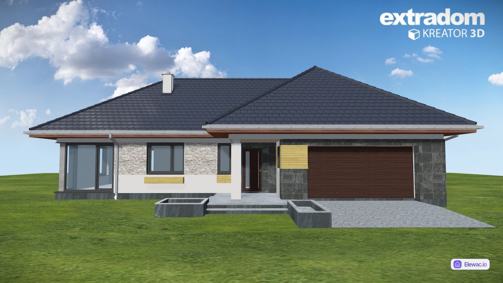 Dom jednorodzinny z lat 2000. z mieszana elewacja z kamienia, tynku i zoltych detali przed modernizacja.